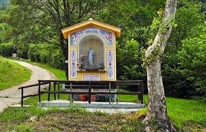 alberi, verde, edicola, erba, staccionata, madonna, tronco, legno, vasi, prato, stradina, panchina, bosco, statua, sentiero, madonnina, sacro, campagna