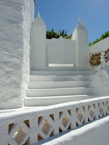 bianco, cancello, scale, gradini, azzurro, scala, pilastri, cielo, estate
