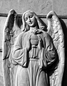 angelo, ali, mani, bianconero, marmo, urna, coppa, statua, scultura