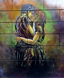 bacio, muro, murales, murale, abbraccio, donna, amore, coppia, piastrelle