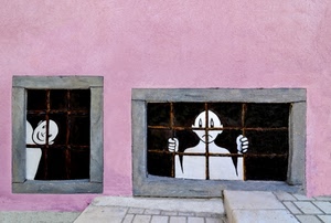 rosa, finestre, murales, grate, inferriate, prigione, sbarre, due, muro
